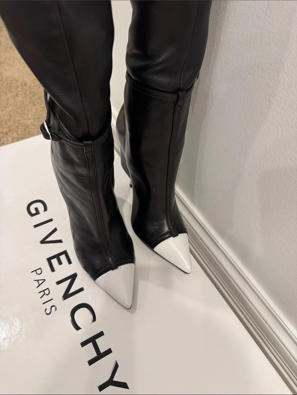 Givenchy Runway Black Lamb Leather Over The Knee Boots White Cap Toe 37